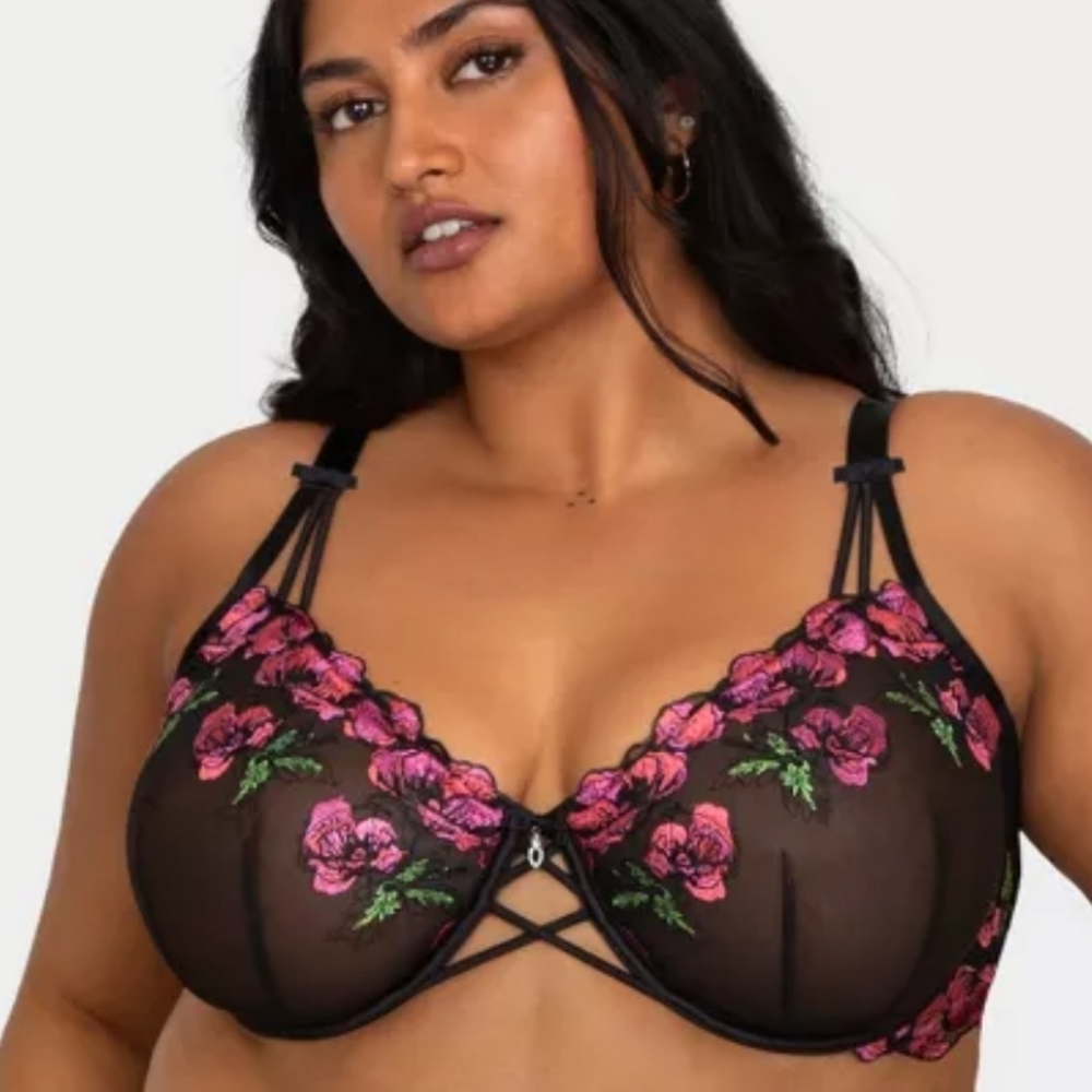 NEW Curvy Couture Embroidered Unlined Balconette Lush Embroidery Black 38DDD